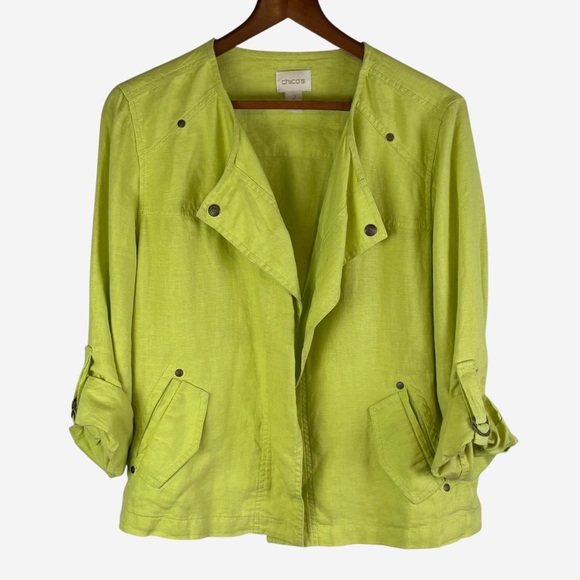 Chicos Easy Linen Jacket Chartreuse Green Open Drape Front Roll Tab Sleeve - Picture 3 of 12